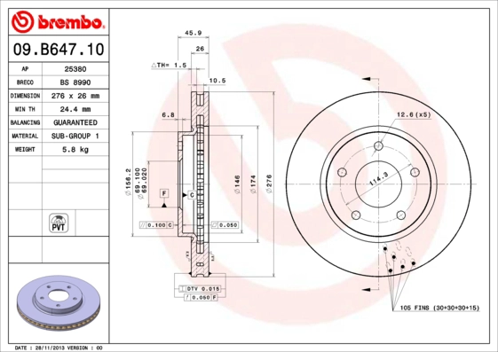 BREMBO 09.B647.10 - Тормозной диск PRIME LINE