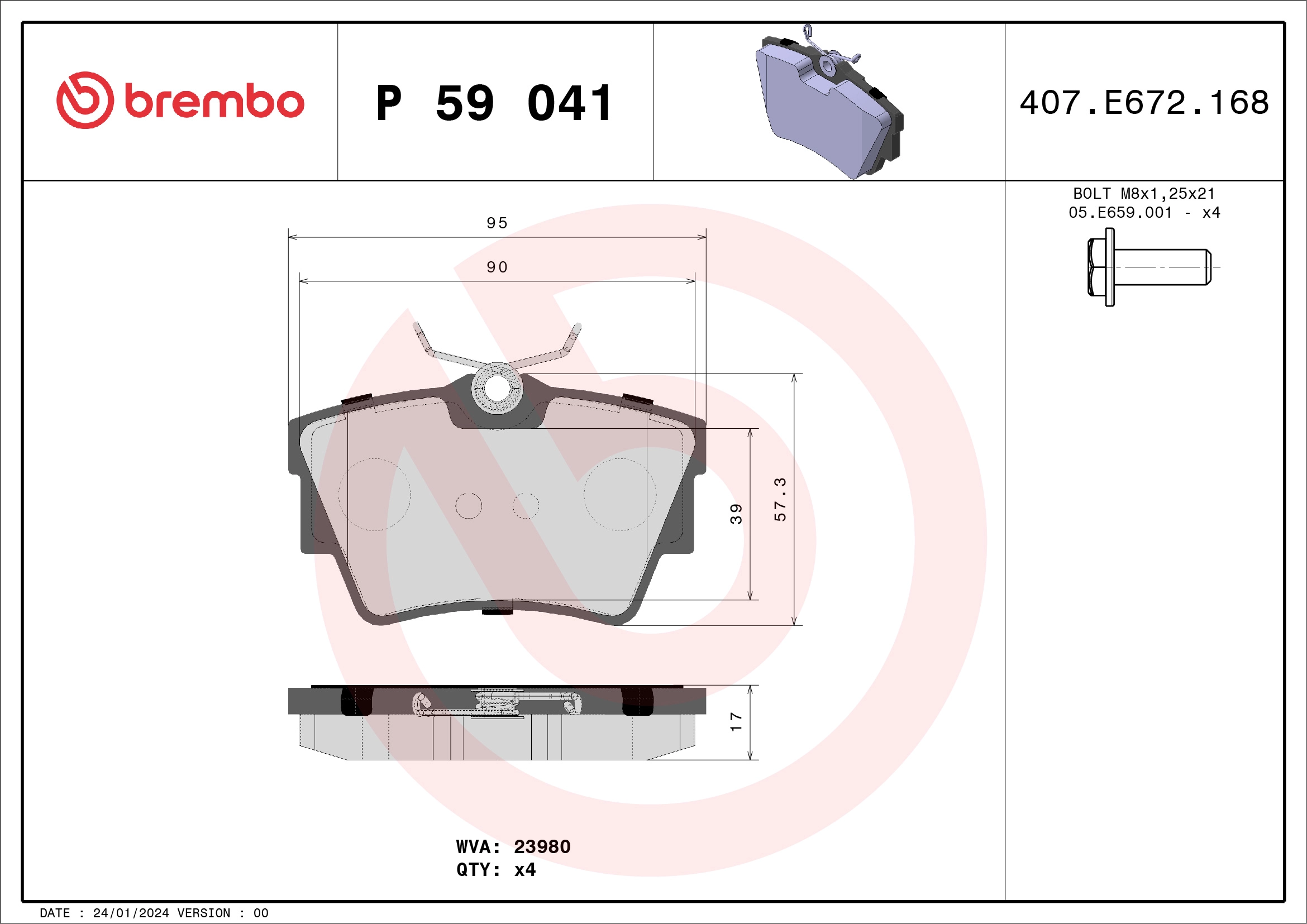 BREMBO P 59 041 - Комплект тормозных колодок, дисковый тормоз PRIME LINE