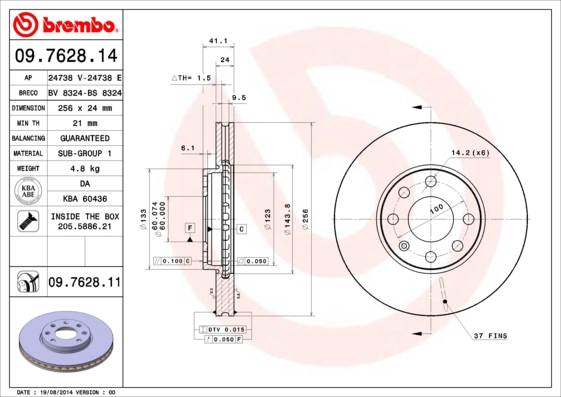 BREMBO 09.7628.14 - Тормозной диск PRIME LINE