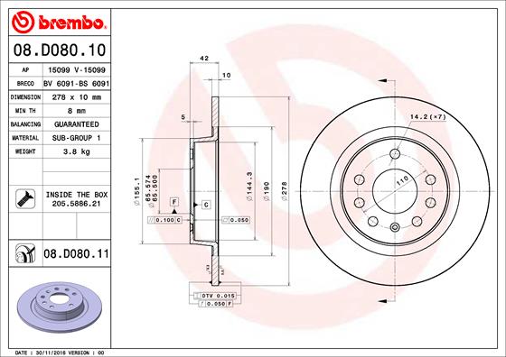 BREMBO 08.D080.11 - Тормозной диск PRIME LINE - UV Coated