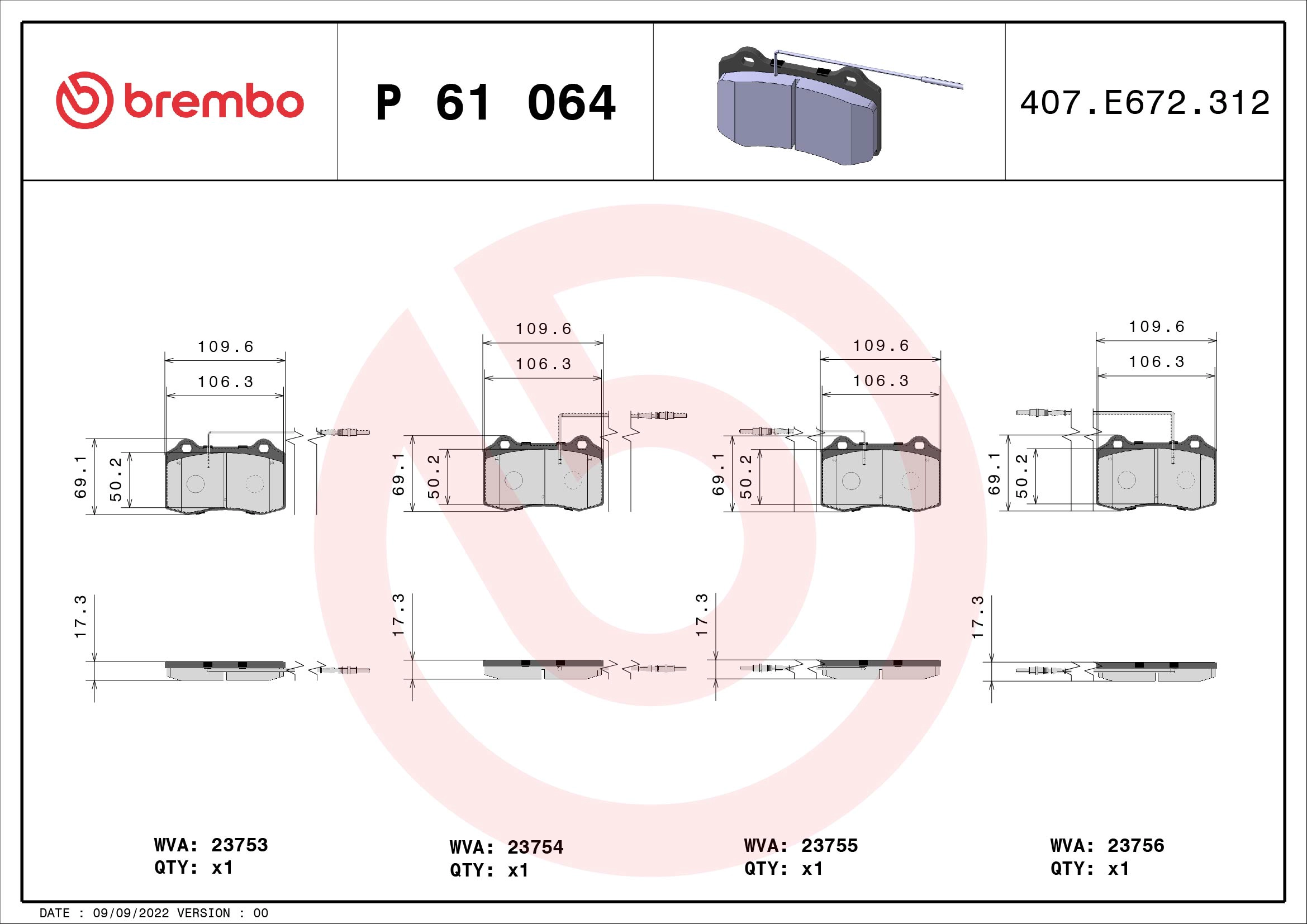BREMBO P 61 064 - Комплект тормозных колодок, дисковый тормоз PRIME LINE