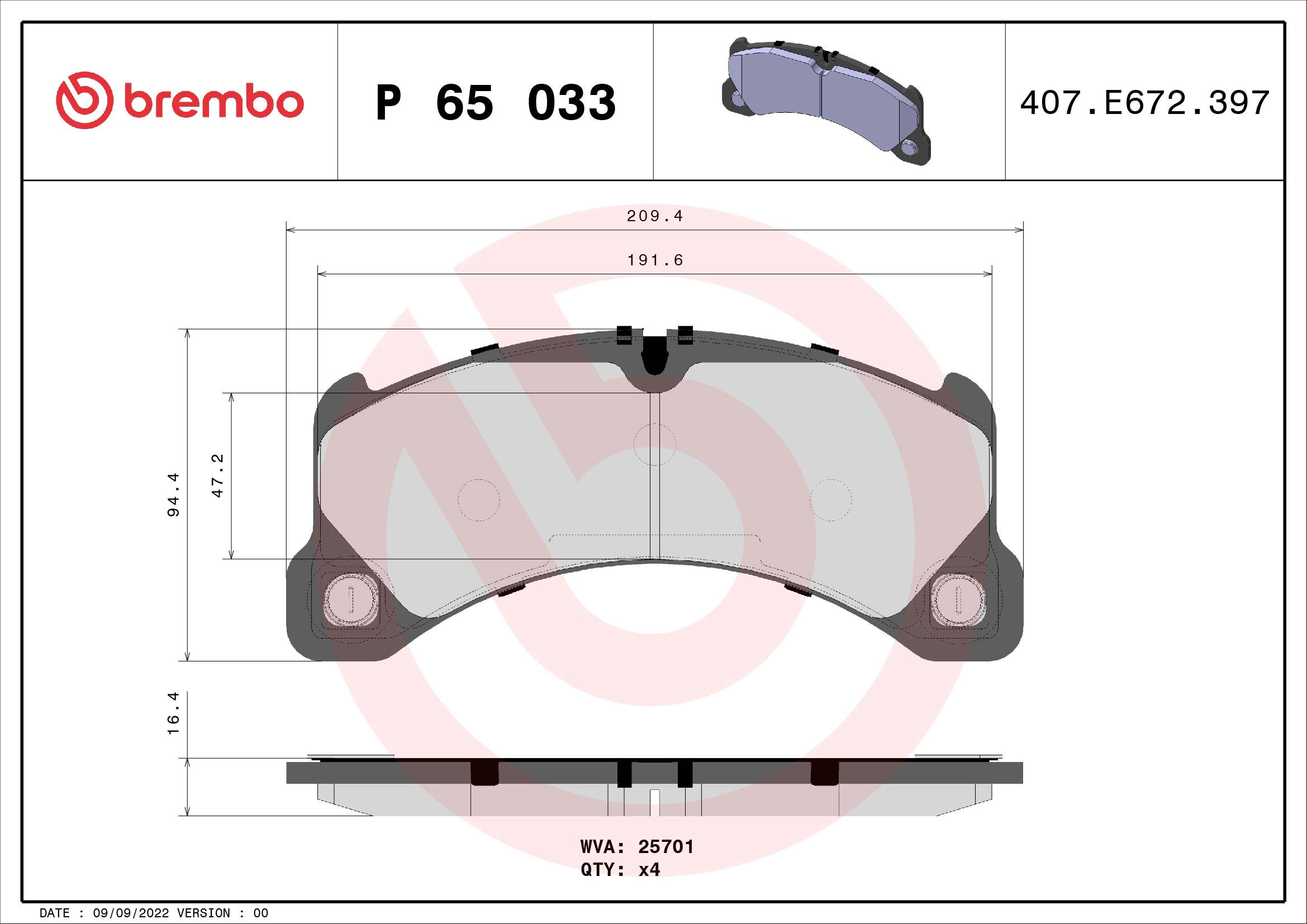 BREMBO P 65 033 - Комплект тормозных колодок, дисковый тормоз PRIME LINE