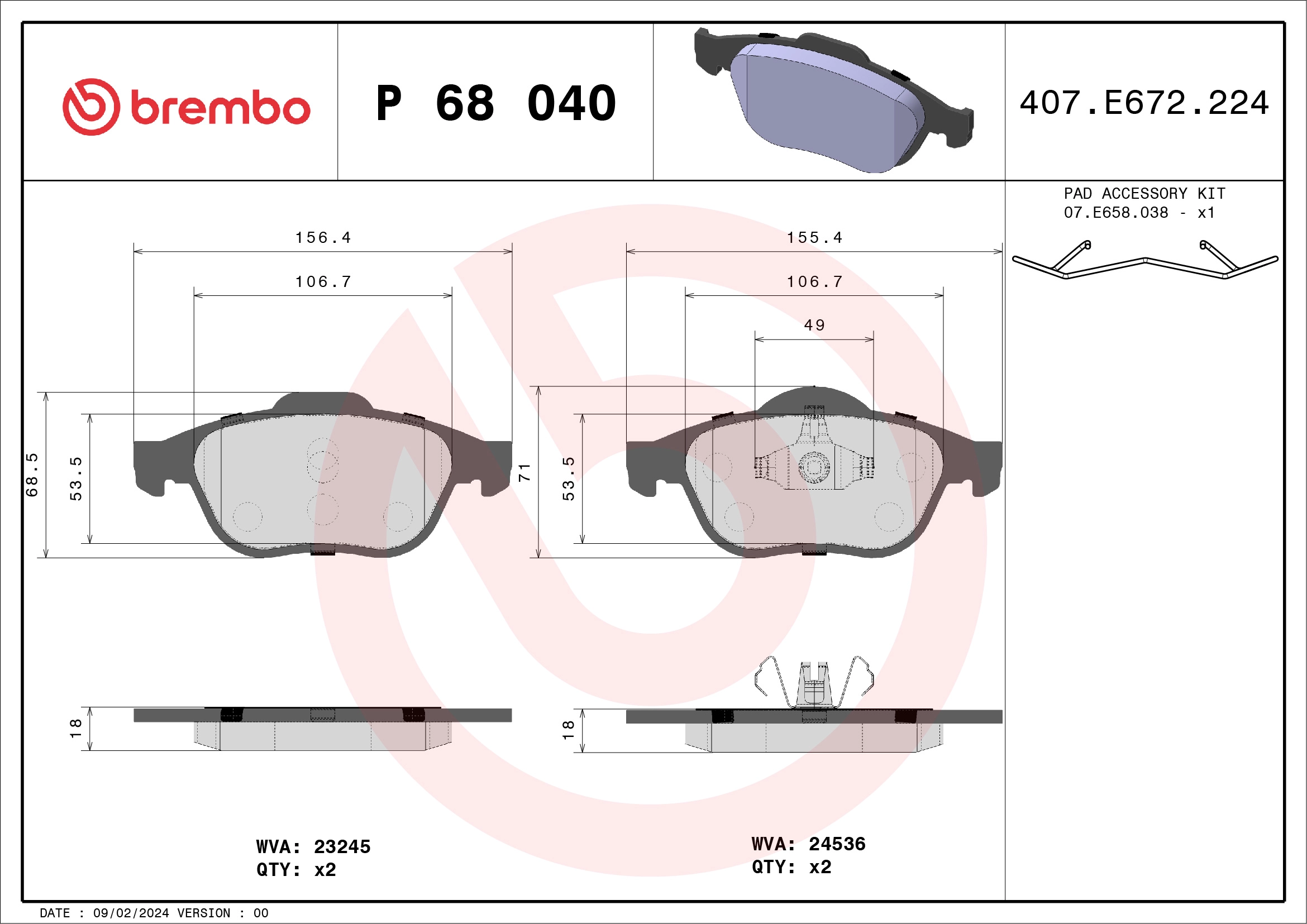 BREMBO P 68 040 - Комплект тормозных колодок, дисковый тормоз PRIME LINE