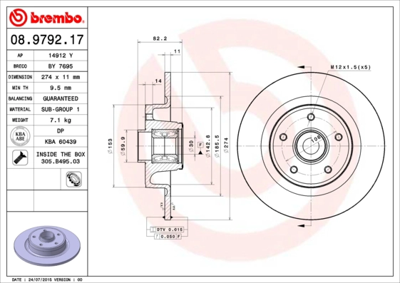 BREMBO 08.9792.17 - Тормозной диск PRIME LINE - With Bearing Kit