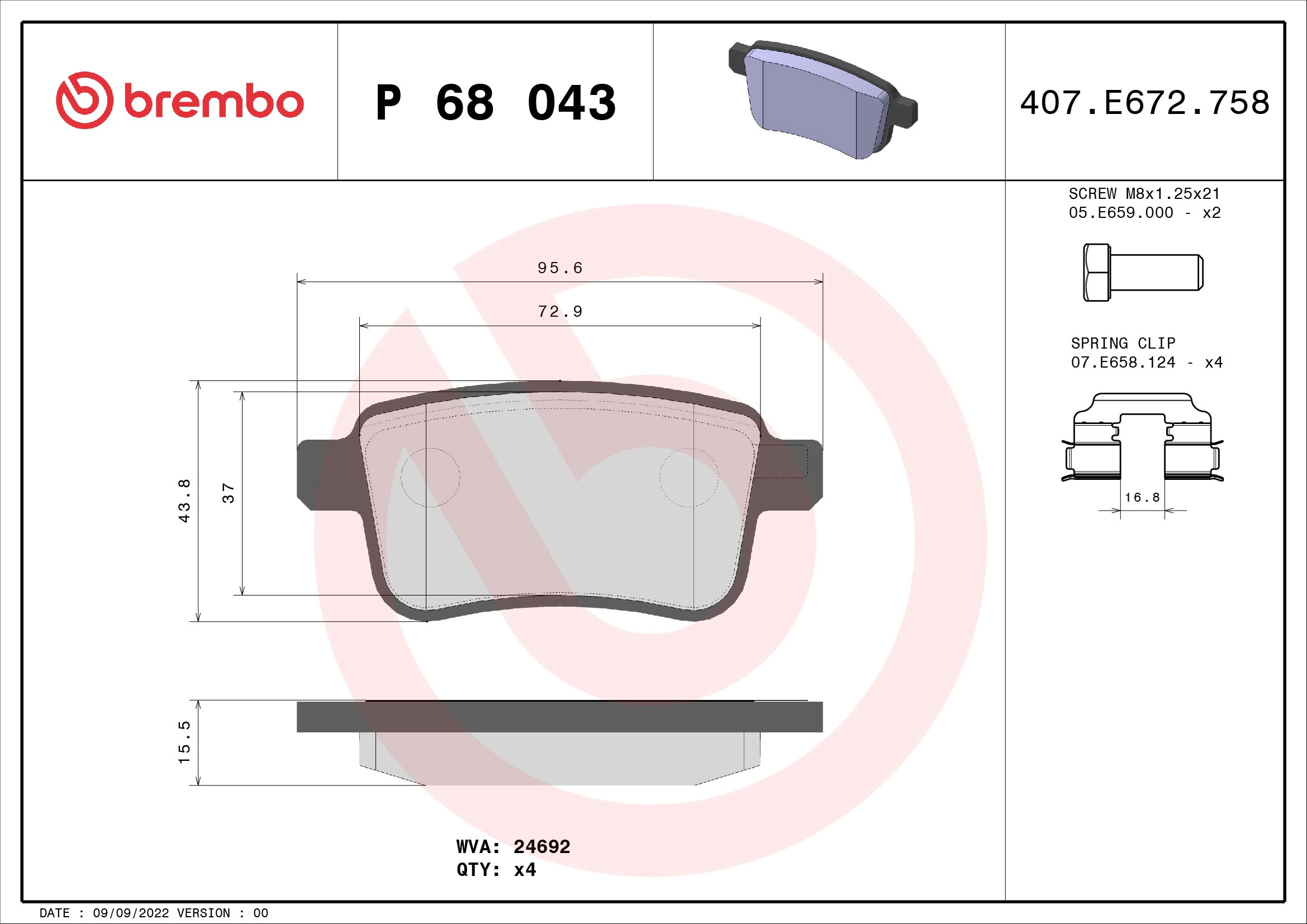 BREMBO P 68 043 - Комплект тормозных колодок, дисковый тормоз PRIME LINE