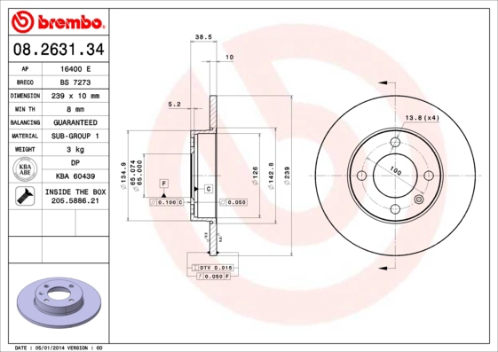 BREMBO 08.2631.34 - Тормозной диск PRIME LINE