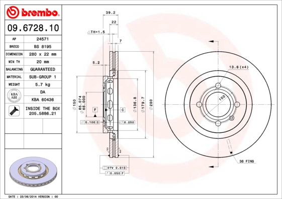 BREMBO 09.6728.10 - Тормозной диск PRIME LINE