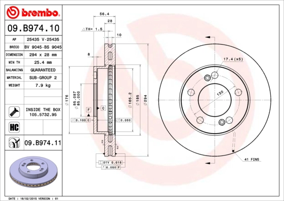 BREMBO 09.B974.11 - Тормозной диск PRIME LINE - UV Coated
