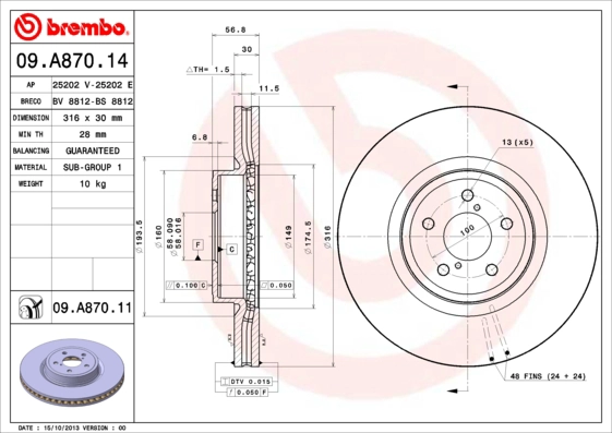 BREMBO 09.A870.14 - Тормозной диск PRIME LINE
