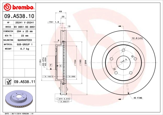 BREMBO 09.A538.11 - Тормозной диск PRIME LINE - UV Coated