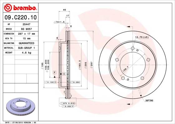 BREMBO 09.C220.10 - Тормозной диск PRIME LINE