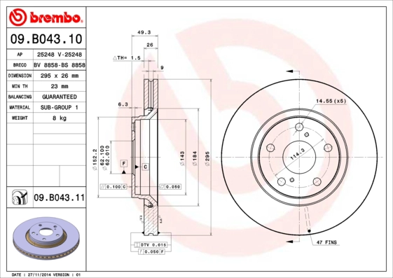 BREMBO 09.B043.11 - Тормозной диск PRIME LINE - UV Coated