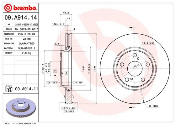 BREMBO 09.A914.14 - Тормозной диск PRIME LINE