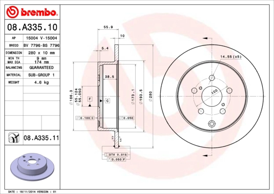 BREMBO 08.A335.11 - Тормозной диск PRIME LINE - UV Coated