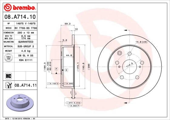 BREMBO 08.A714.11 - Тормозной диск PRIME LINE - UV Coated