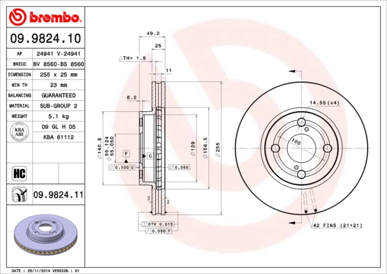 BREMBO 09.9824.11 - Тормозной диск PRIME LINE - UV Coated