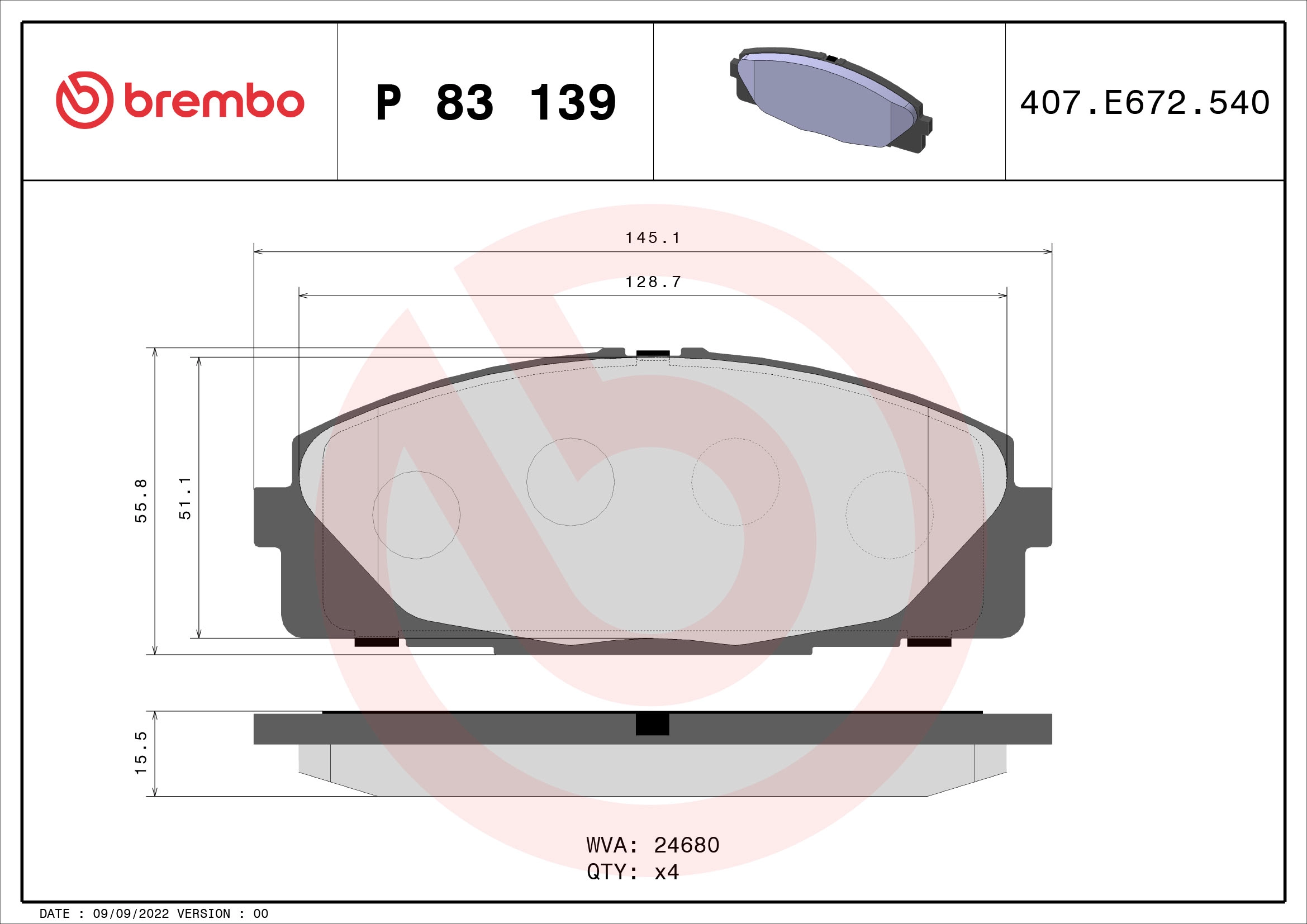 BREMBO P 83 139 - Комплект тормозных колодок, дисковый тормоз PRIME LINE