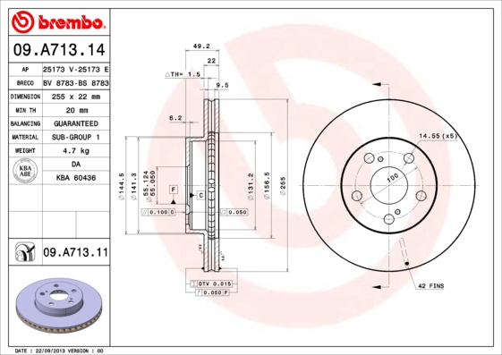 BREMBO 09.A713.11 - Тормозной диск PRIME LINE - UV Coated