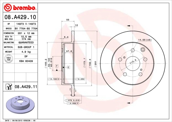 BREMBO 08.A429.10 - Тормозной диск PRIME LINE