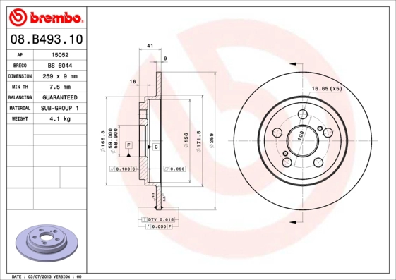 BREMBO 08.B493.10 - Тормозной диск PRIME LINE