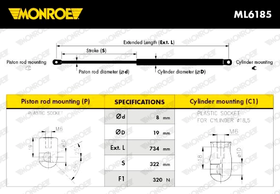 MONROE ML6185 - Газовая пружина, капот MONROE MaxLift