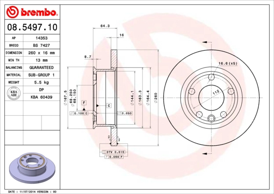 BREMBO 08.5497.10 - Тормозной диск PRIME LINE