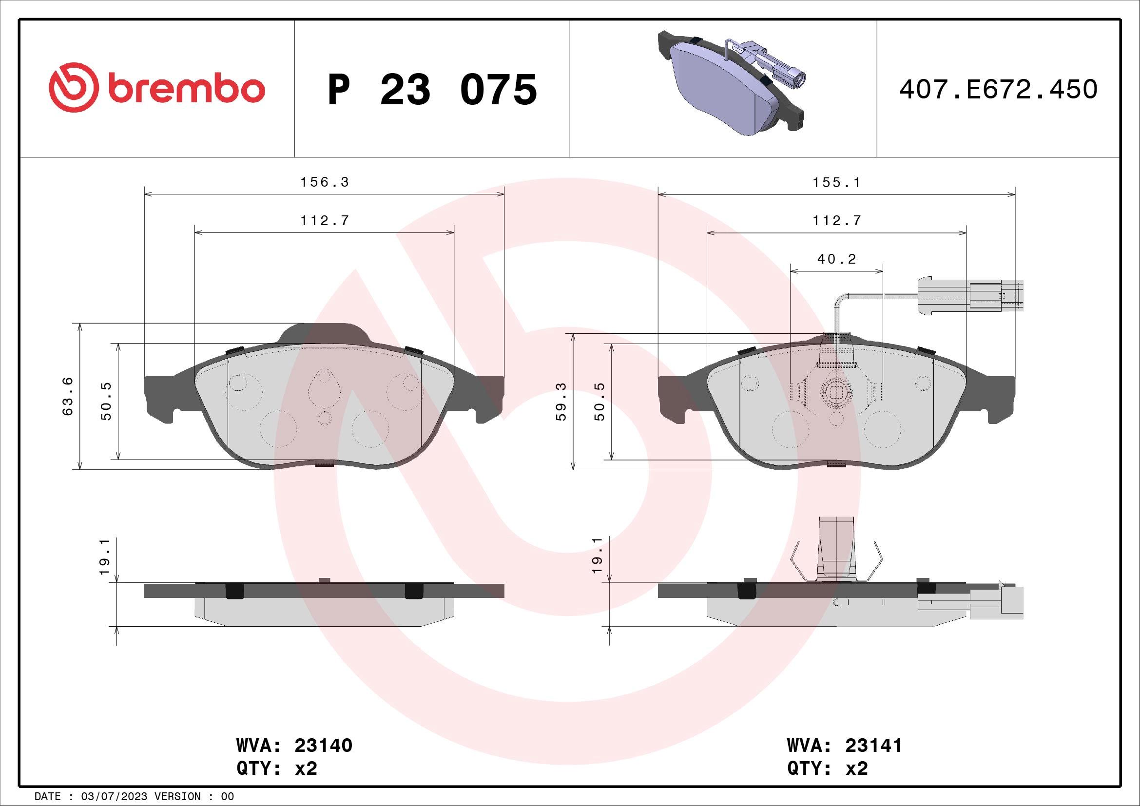 BREMBO P 23 075 - Комплект тормозных колодок, дисковый тормоз PRIME LINE