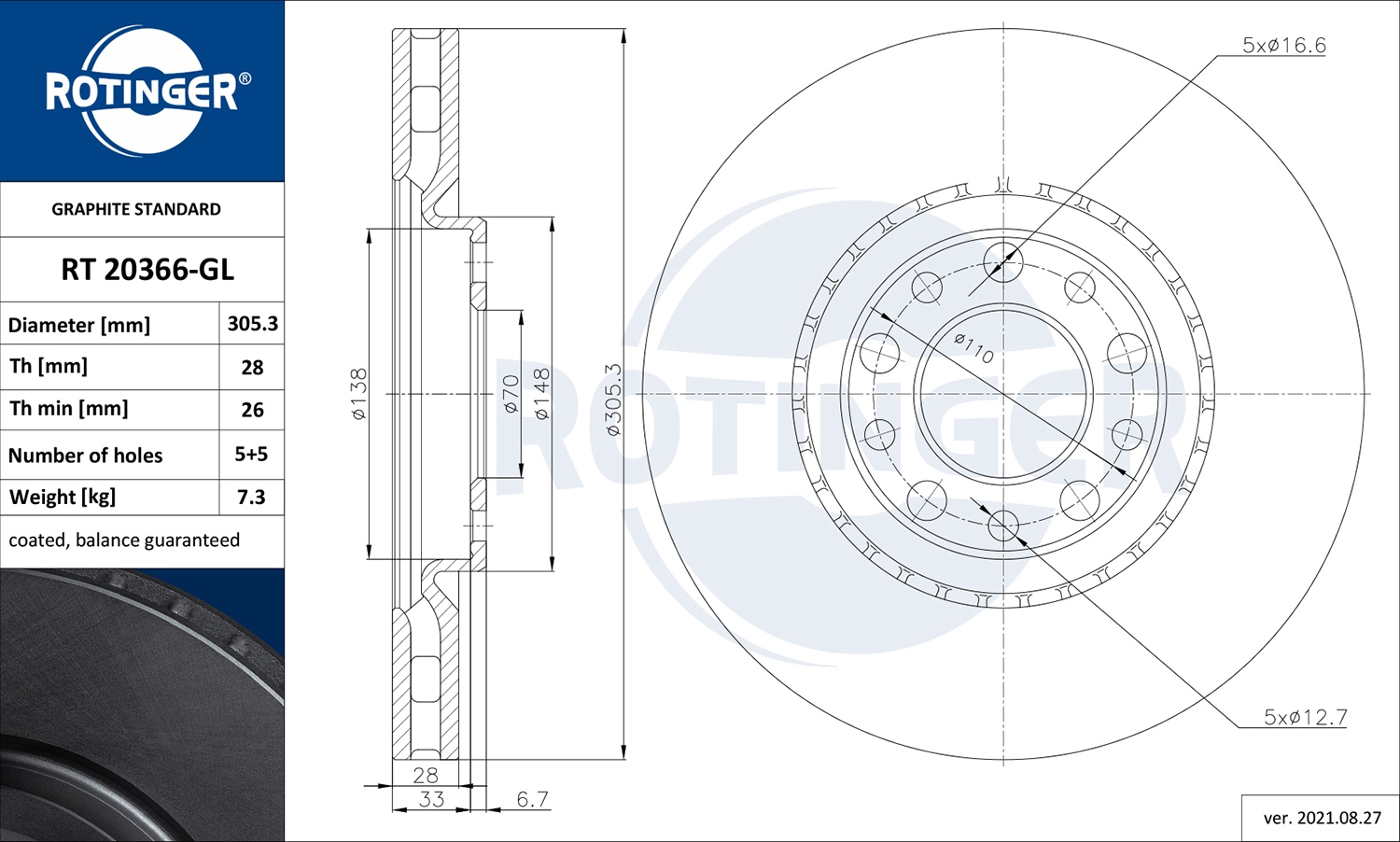 ROTINGER RT 20366-GL - Тормозной диск GRAPHITE LINE