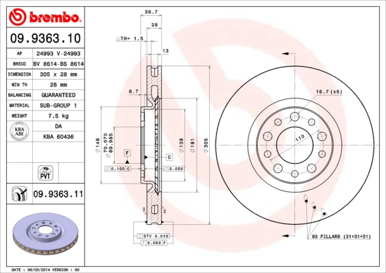 BREMBO 09.9363.11 - Тормозной диск PRIME LINE - UV Coated