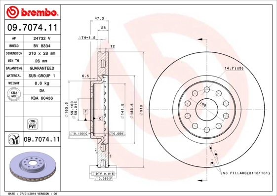 BREMBO 09.7074.11 - Тормозной диск PRIME LINE - UV Coated