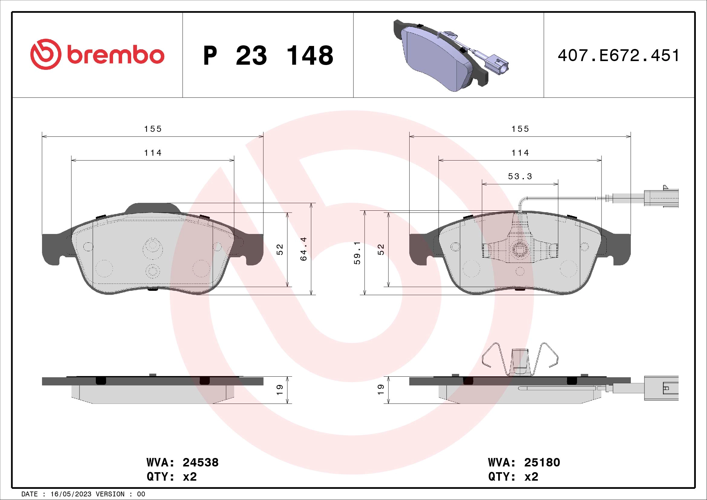 BREMBO P 23 148 - Комплект тормозных колодок, дисковый тормоз PRIME LINE