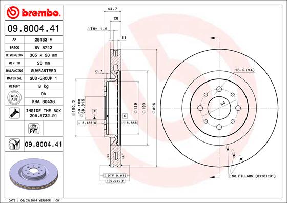 BREMBO 09.8004.41 - Тормозной диск PRIME LINE - UV Coated