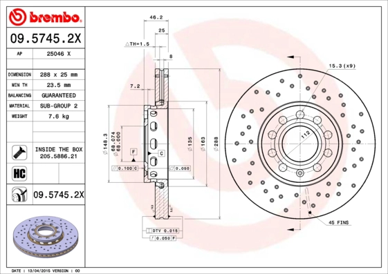 BREMBO 09.5745.2X - Тормозной диск XTRA LINE - Xtra
