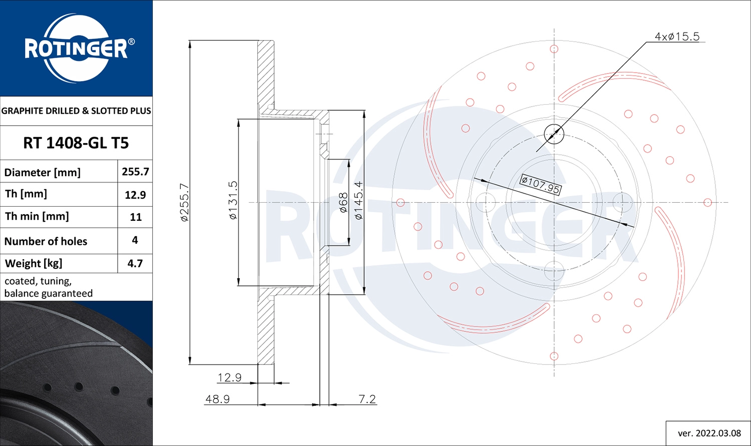 ROTINGER RT 1408-GL T5 - Тормозной диск GRAPHITE DRILLED & SLOTTED PLUS