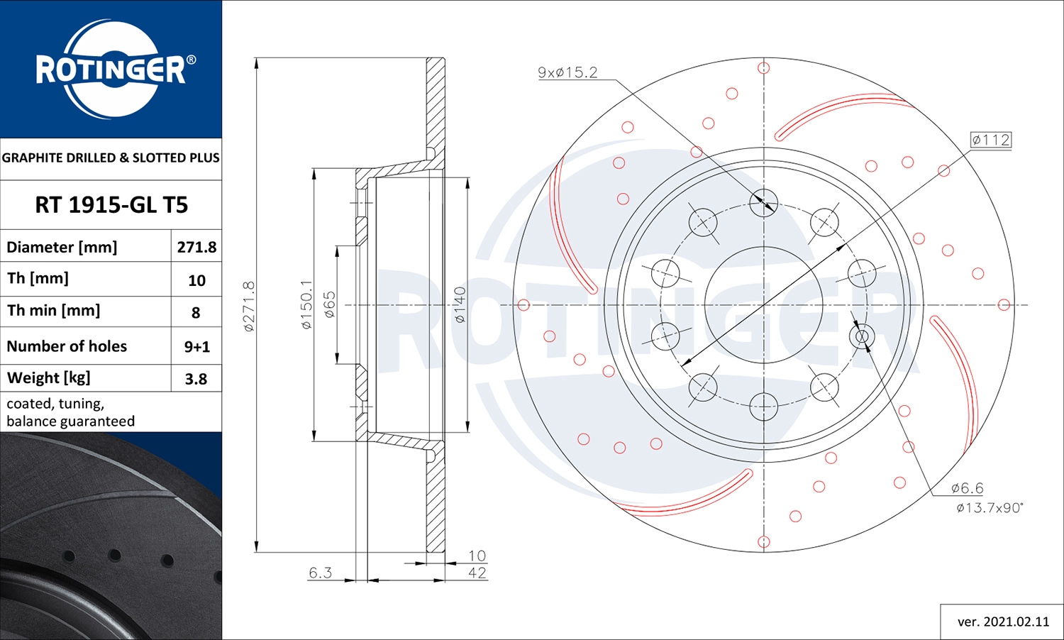 ROTINGER RT 1915-GL T5 - Тормозной диск GRAPHITE DRILLED & SLOTTED PLUS