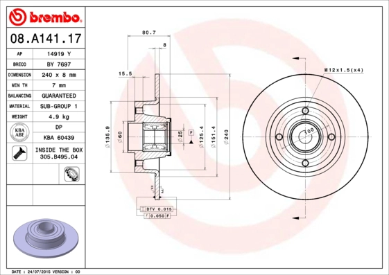 BREMBO 08.A141.17 - Тормозной диск PRIME LINE - With Bearing Kit