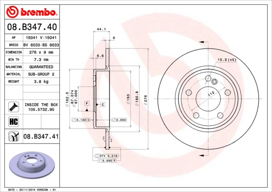 BREMBO 08.B347.41 - Тормозной диск PRIME LINE - UV Coated