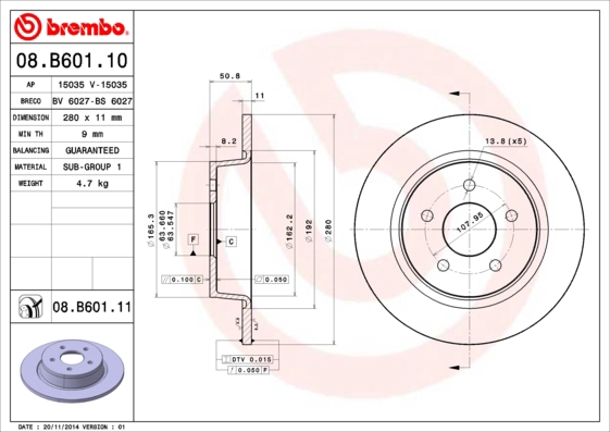 BREMBO 08.B601.10 - Тормозной диск PRIME LINE