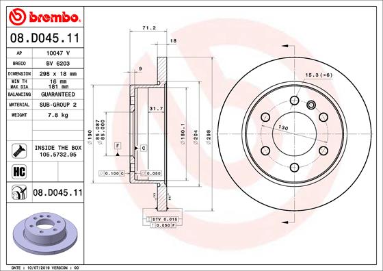 BREMBO 08.D045.11 - Тормозной диск PRIME LINE - UV Coated