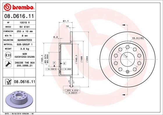 BREMBO 08.D616.11 - Тормозной диск PRIME LINE - UV Coated