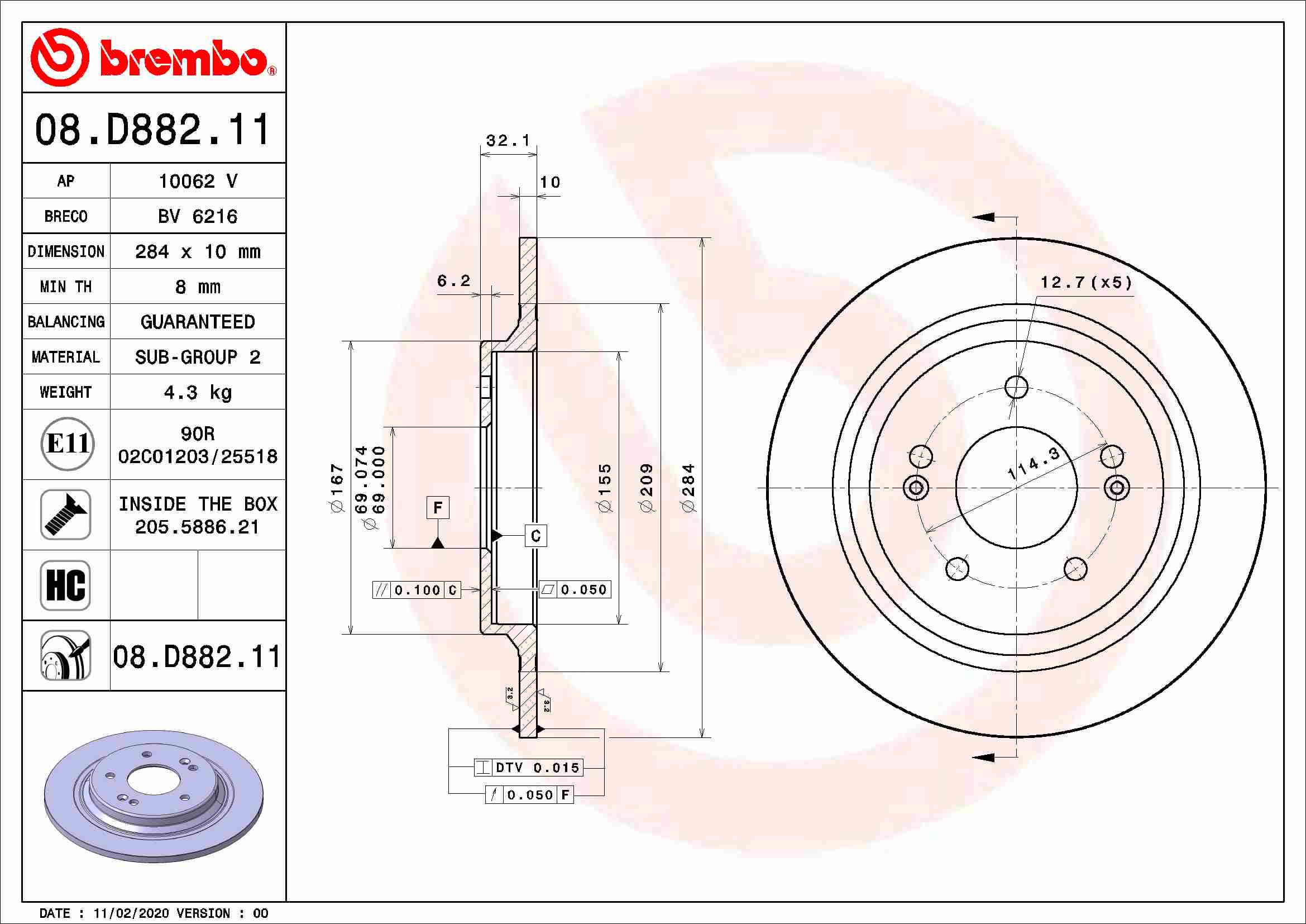 BREMBO 08.D882.11 - Тормозной диск PRIME LINE - UV Coated