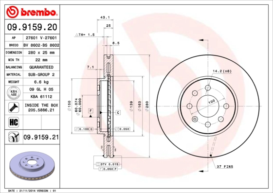 BREMBO 09.9159.21 - Тормозной диск PRIME LINE - UV Coated