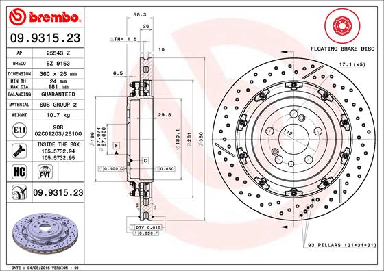 BREMBO 09.9315.23 - Тормозной диск PRIME LINE - Floating