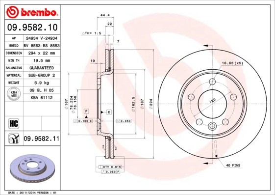 BREMBO 09.9582.10 - Тормозной диск PRIME LINE
