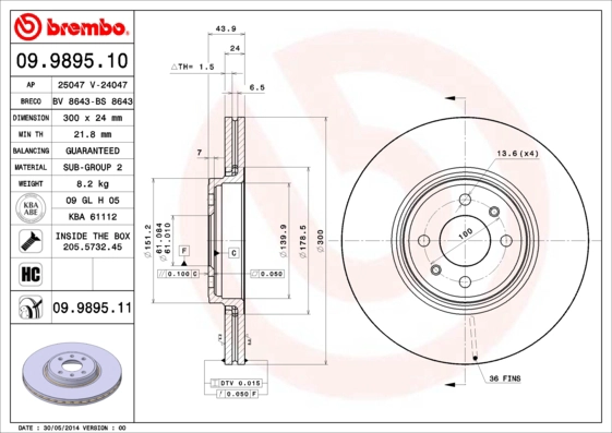 BREMBO 09.9895.11 - Тормозной диск PRIME LINE - UV Coated