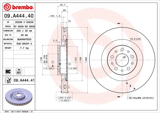 BREMBO 09.A444.41 - Тормозной диск PRIME LINE - UV Coated
