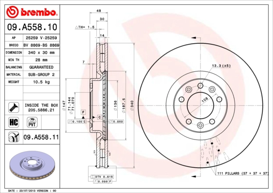 BREMBO 09.A558.11 - Тормозной диск PRIME LINE - UV Coated