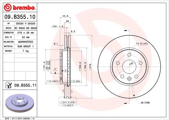BREMBO 09.B355.11 - Тормозной диск PRIME LINE - UV Coated