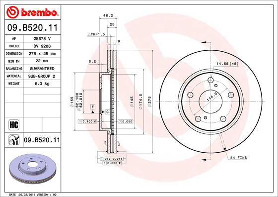 BREMBO 09.B520.11 - Тормозной диск PRIME LINE - UV Coated