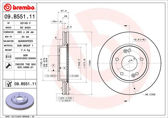 BREMBO 09.B551.11 - Тормозной диск PRIME LINE - UV Coated